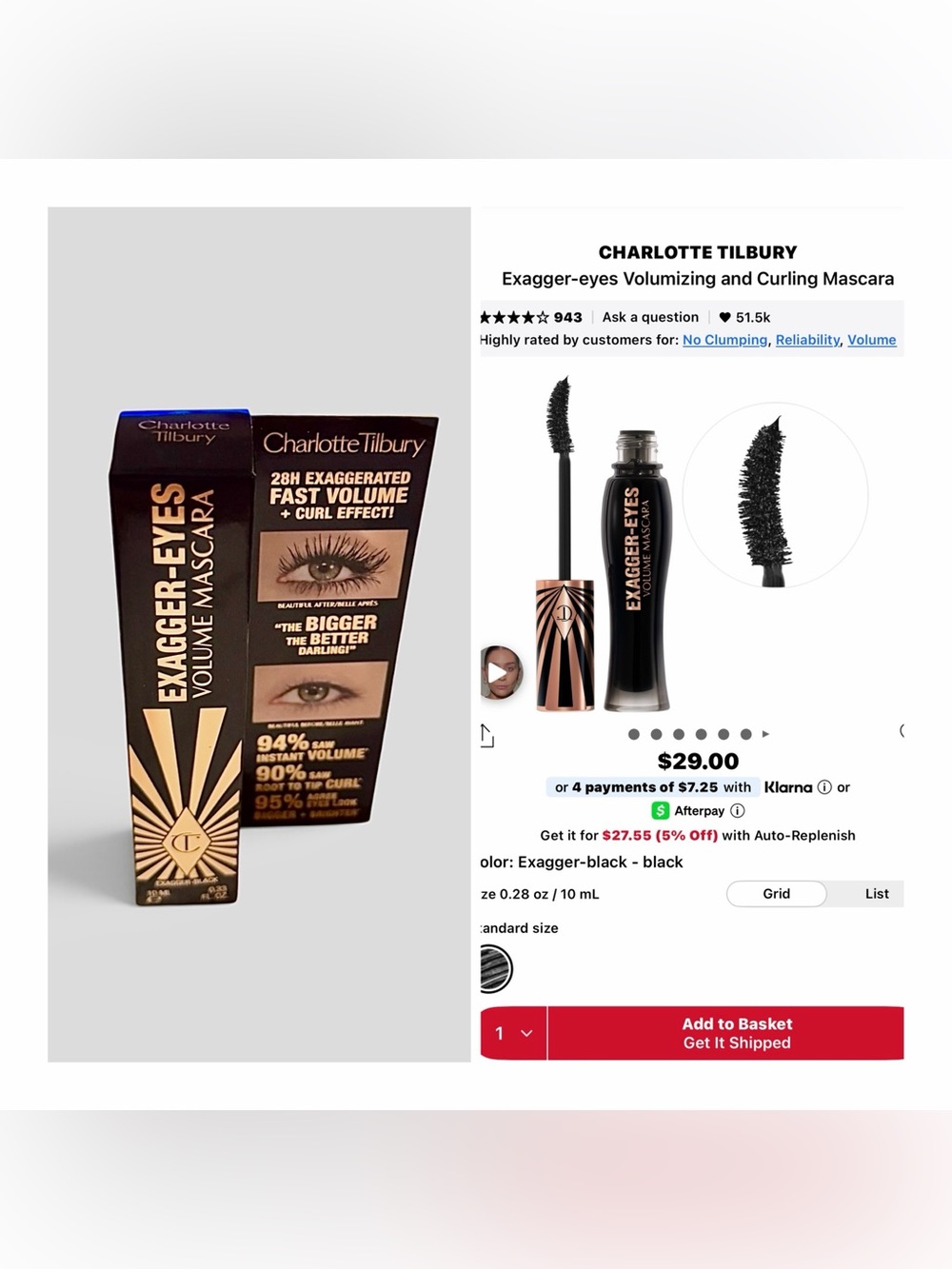 Charlotte Tilbury Exagger-Eyes Volume Mascara 0.33 oz / 10 mL New